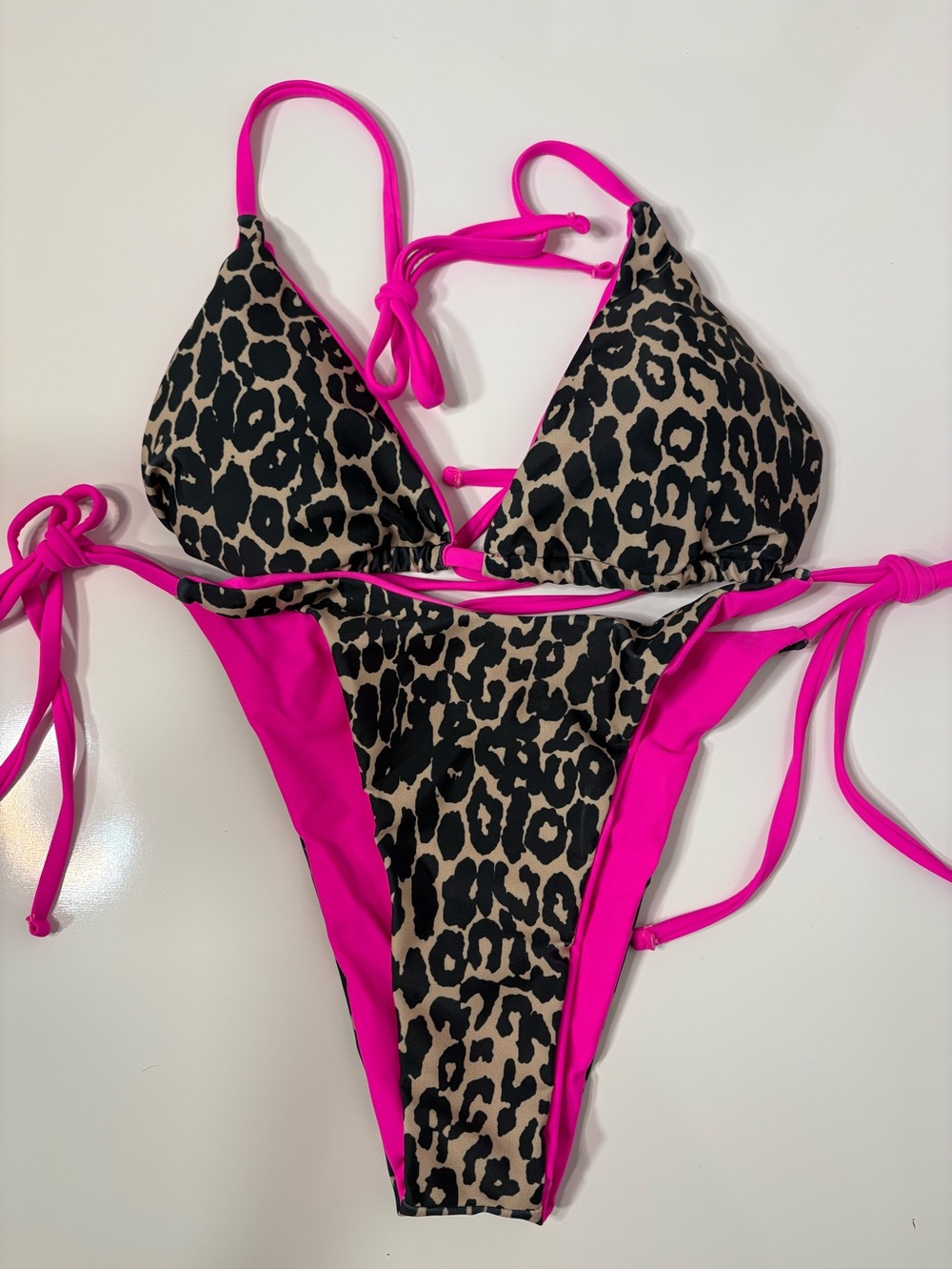 Leopard Print Pink Trim Women’s Tie-Side Bikini Size L